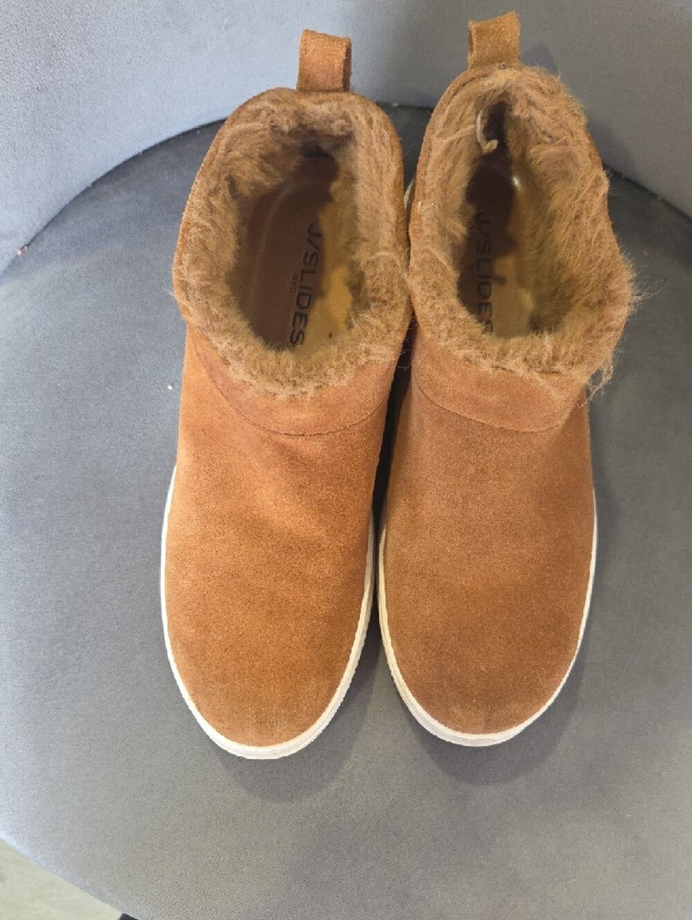 J/SLIDES Tan Suede Shearling-Lined Platform Ankle Booties - Picture 3 of 6